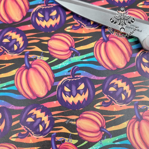 Neon Jack o lantern Faux leather / vinyl fabric. 39x66cm roll