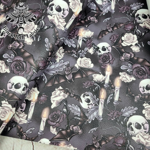 Gothic Floral Skulls Bats Textured Faux leather / vinyl fabric. 39x66cm roll