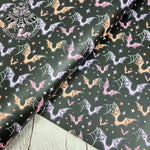 Rainbow Spiderweb Bats Faux leather / vinyl fabric. 39x66cm roll