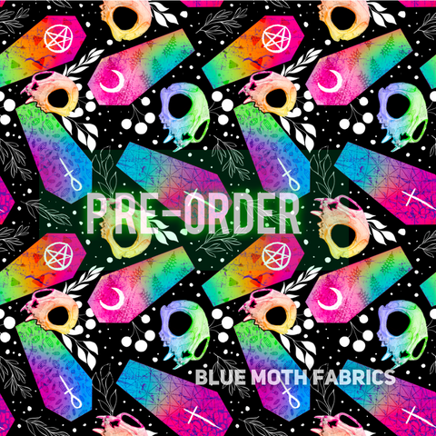 PRE-ORDER. Rainbow Coffin and  Cat Skull fabric. By METER - BlueMothFabrics