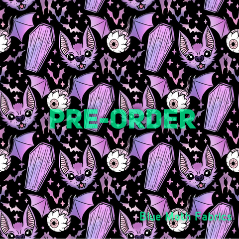 PRE-ORDER. Lilac Coffin Bats Fabric. By METER - BlueMothFabrics