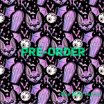 PRE-ORDER. Bats and coffins lilac Faux leather / vinyl fabric. 40x130cm