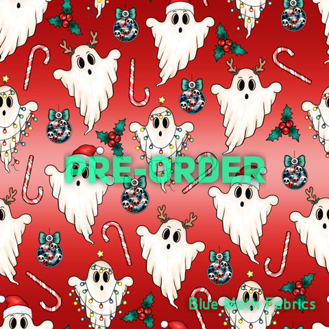 PRE-ORDER. Christmas ghost red fabric. By METER - BlueMothFabrics