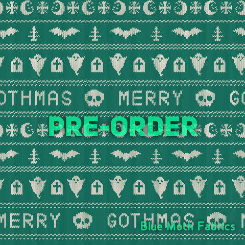 PRE-ORDER. Merry Gothmas green fabric. By METER - BlueMothFabrics