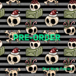 PRE-ORDER. Christmas Skull Sketch grey fabric. By METER