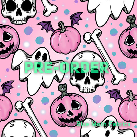 PRE-ORDER. Pink Halloween Faux leather / vinyl fabric. 40x130cm