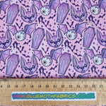 Lilac Bats and coffins Faux leather / vinyl fabric. 39x66cm roll