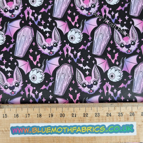 40x41cm BOLT END. Bats and coffins Faux leather / vinyl fabric. 39x66cm roll - BlueMothFabrics