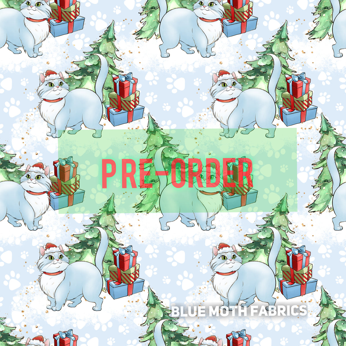 PREORDER. Christmas Cat fabric. By METER BlueMothFabrics