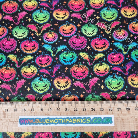 Neon Halloween pumpkins small Faux leather / vinyl fabric. 40x66cm roll