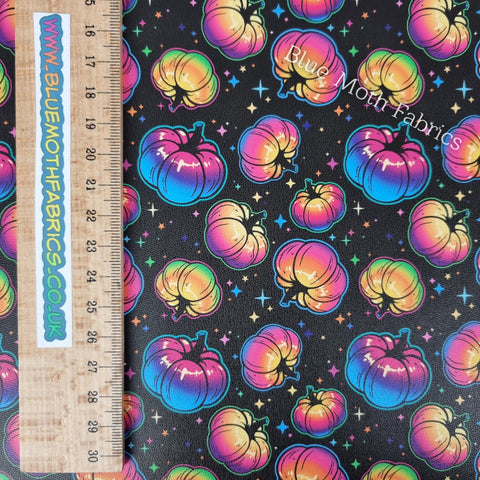 Neon Pumpkins Faux leather / vinyl fabric. 40x66cm roll