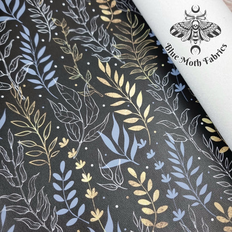 Gold and black minimal flowers Faux leather vinyl fabric. 39x66cm roll