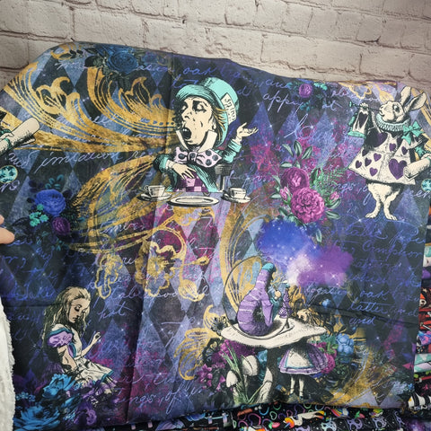 1.5m BOLT END. Alice in Wonderland extra LARGE print marocain shiffon fabric