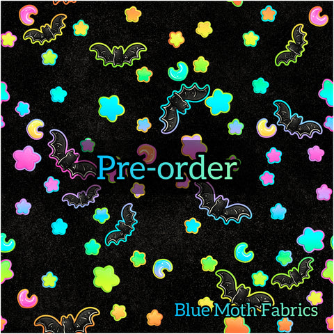 PRE-ORDER. Mini bats neon rainbow Faux leather / vinyl fabric. 39x130cm
