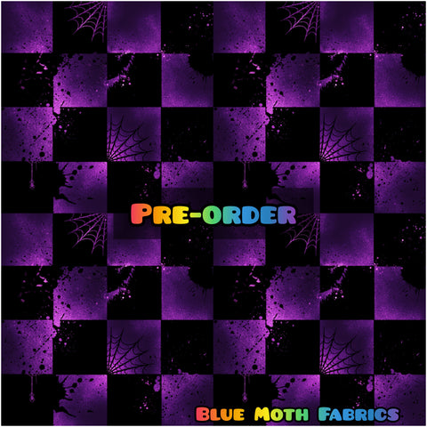 PRE-ORDER. Spider checkerboard grunge purple faux leather / vinyl fabric. 39x130cm