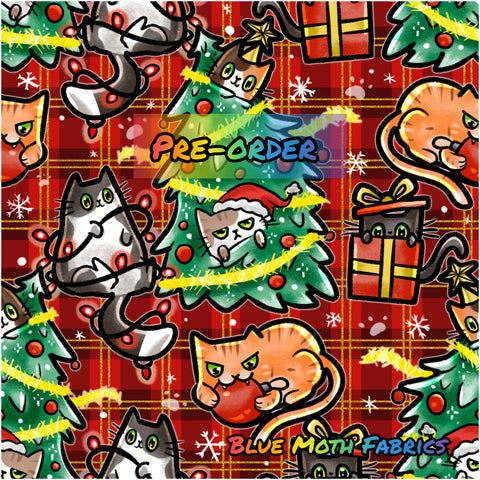 PRE-ORDER. Tartan Christmas cats fabric. By METER