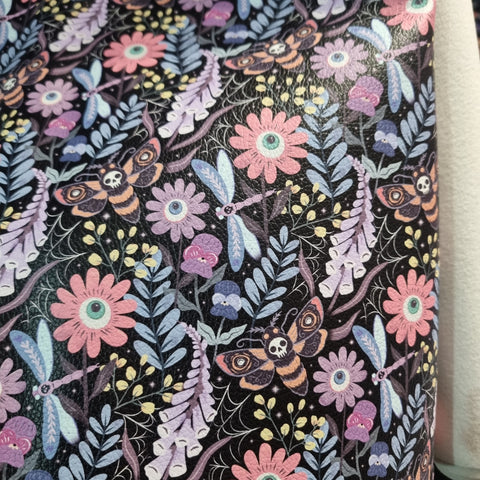 Bright Spooky Flowers textured Faux leather / vinyl fabric. 39x66cm roll