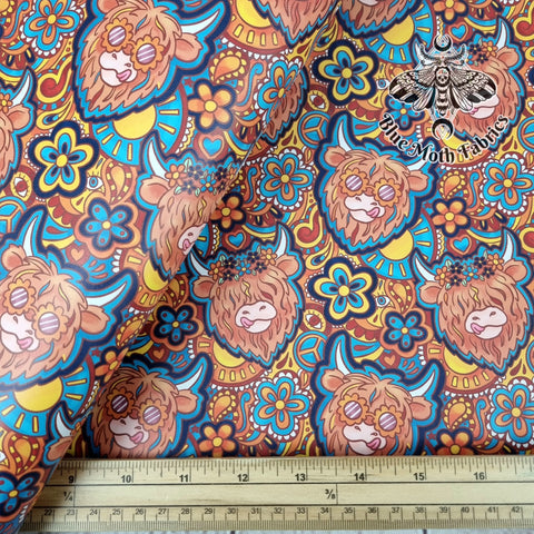 Groovy Highland Cow Faux leather / vinyl fabric. 39x66cm roll