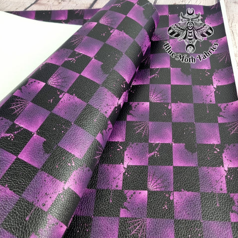 Purple checkerboard spider Textured faux leather / vinyl fabric. 39x66cm roll