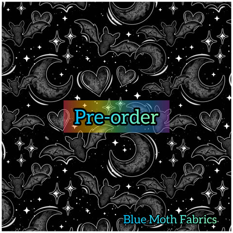 PRE-ORDER. Love bats and moons black faux leather / vinyl fabric. 39x130cm