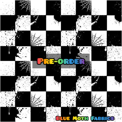 PRE-ORDER. Spider checkerboard grunge faux leather / vinyl fabric. 39x130cm