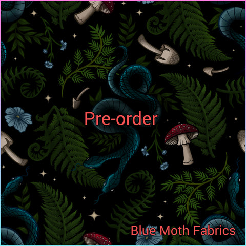 PRE-ORDER. Fern Serpent Night faux leather / vinyl fabric. 39x130cm