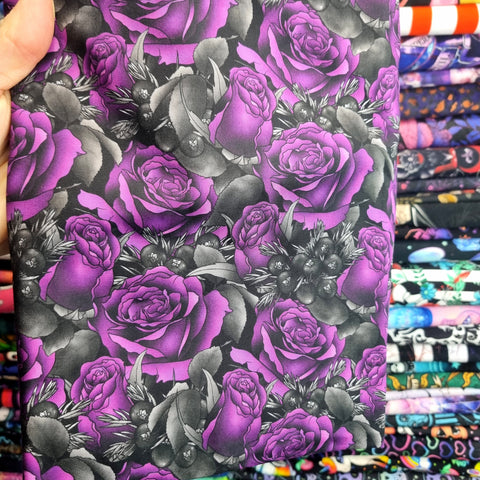 1m BOLT END. Purple roses 100% cotton poplin fabric