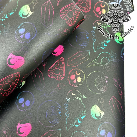 Rainbow occult outlines Faux leather vinyl fabric. 39x66cm roll