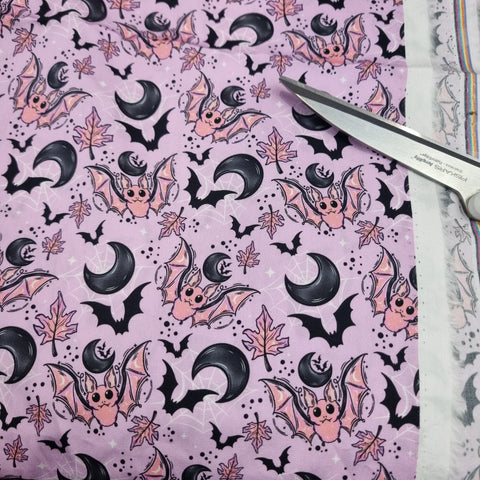 60cm BOLT END. Pink Lilac Bats 100% cotton poplin fabric