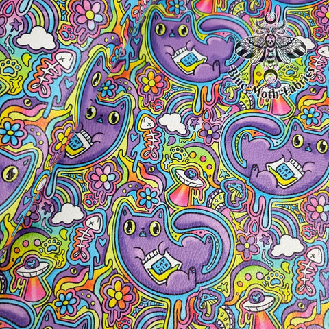 59X45cm PRE-CUT. Trippy cat Textured Faux leather / vinyl fabric.
