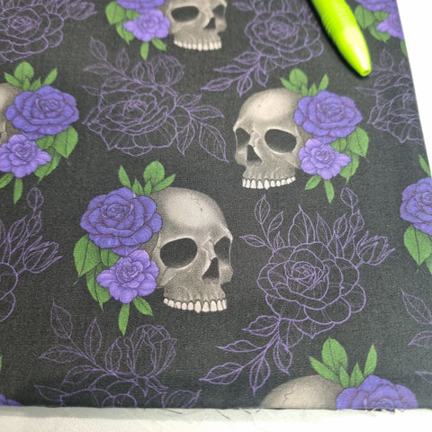 1m BOLT END. Skulls and purple roses 100% cotton poplin fabric