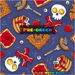 PRE-ORDER. Spooky Breakfast Food navy fabric. By METER
