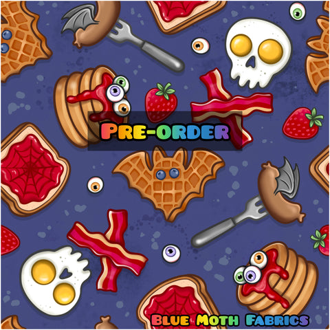 PRE-ORDER. Spooky Breakfast Food navy fabric. By METER