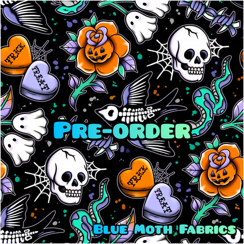 PRE-ORDER. Spooky Tattoos faux leather / vinyl fabric. 39x130cm