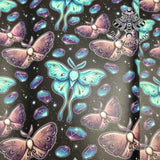 Lunar Moth and Runes Faux leather / vinyl fabric. 39x66cm roll