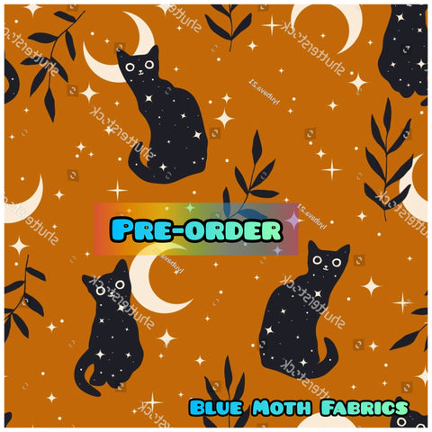 PRE-ORDER. Cats and moons orange fabric. By METER