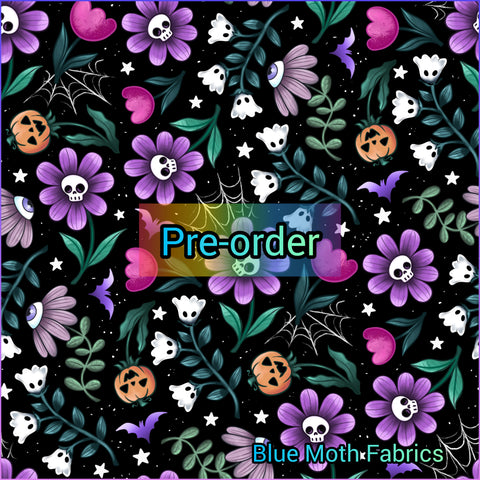 PRE-ORDER. Spooky Halloween Flowers black Faux leather / vinyl fabric. 39x130cm