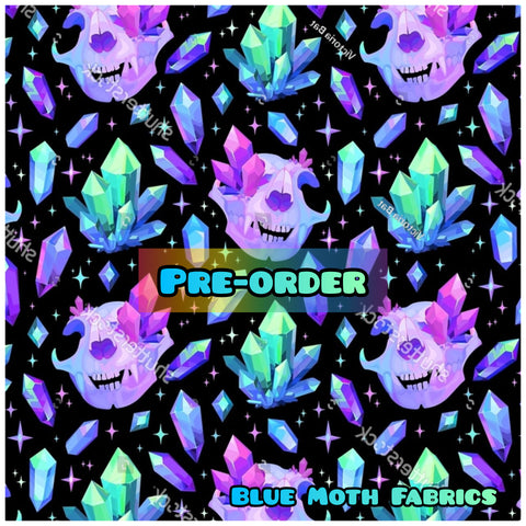 PRE-ORDER. Crystal cat skulls fabric. By METER