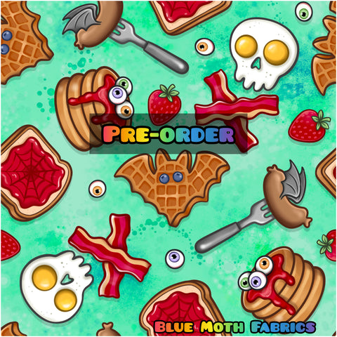 PRE-ORDER. Spooky Breakfast Food green fabric. By METER