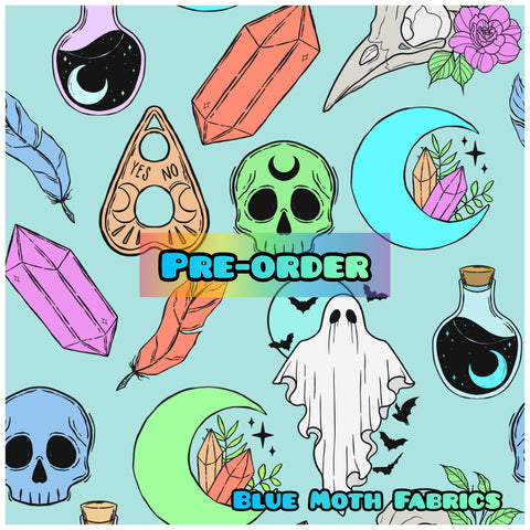 PRE-ORDER. Spooky Occult Blue leather / vinyl fabric. 39x130cm