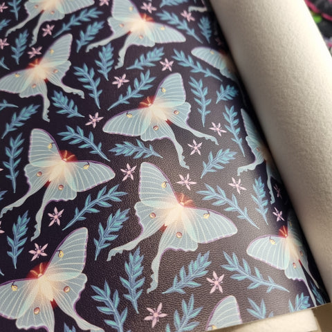 Lunar Moth Faux leather / vinyl fabric. 39x66cm roll