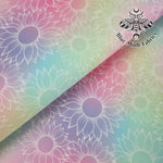 Pastel Rainbow Sunflowers faux leather / vinyl fabric. 39x66cm roll