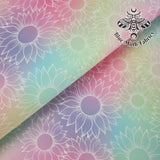 Pastel Rainbow Sunflowers faux leather / vinyl fabric. 39x66cm roll