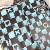 Grunge grey teal checkerboard Faux leather vinyl fabric. 39x66cm roll