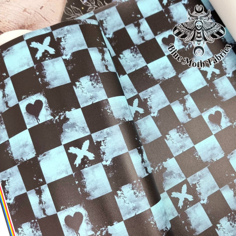 Grunge grey teal checkerboard Faux leather vinyl fabric. 39x66cm roll