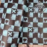 Grunge grey teal checkerboard Faux leather vinyl fabric. 39x66cm roll