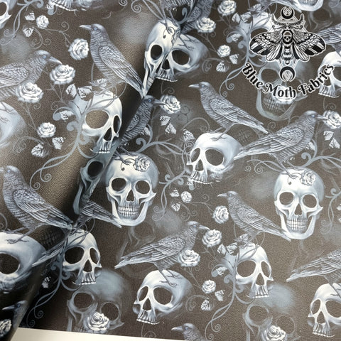 Skulls and ravens Faux leather vinyl fabric. 39x66cm roll