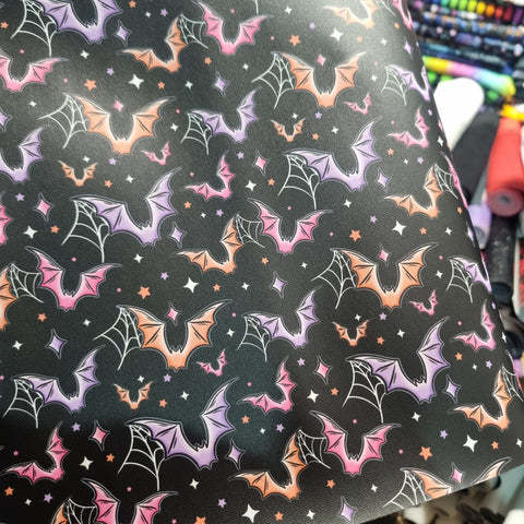 Rainbow Spiderweb Bats Faux leather / vinyl fabric. 39x66cm roll