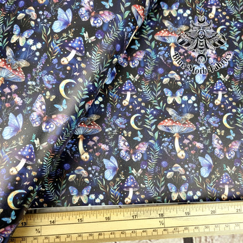 Magic Mushrooms forest Faux leather / vinyl fabric. 39x66cm roll