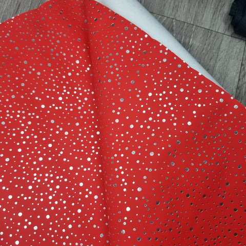 27x120cm BOLT END. Light red Silver Dots Matte PVC Faux vinyl fabric.